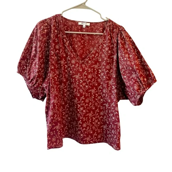 MADEWELL Puff Sleeve Floral Blouse Size L Burgudy Boho Fall top cottagecore - Picture 2 of 8